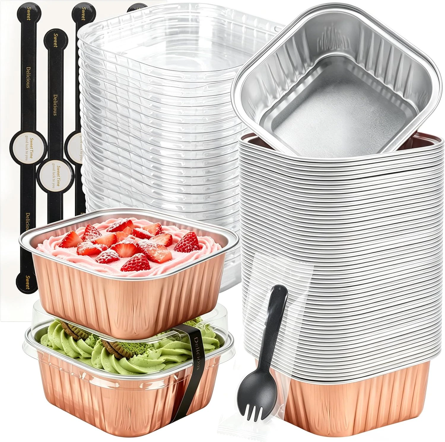 NPLUX Mini Cake Pans with Lids, Spoons and Stickers, 50 Pack 5 oz Champagne Squa