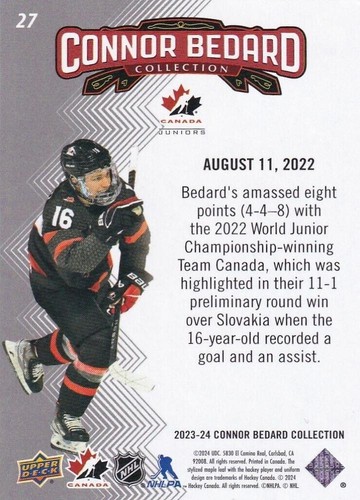 Upper Deck Connor Bedard Collection Rolls Against Slovakia #27 SP Short Print - Picture 2 of 2