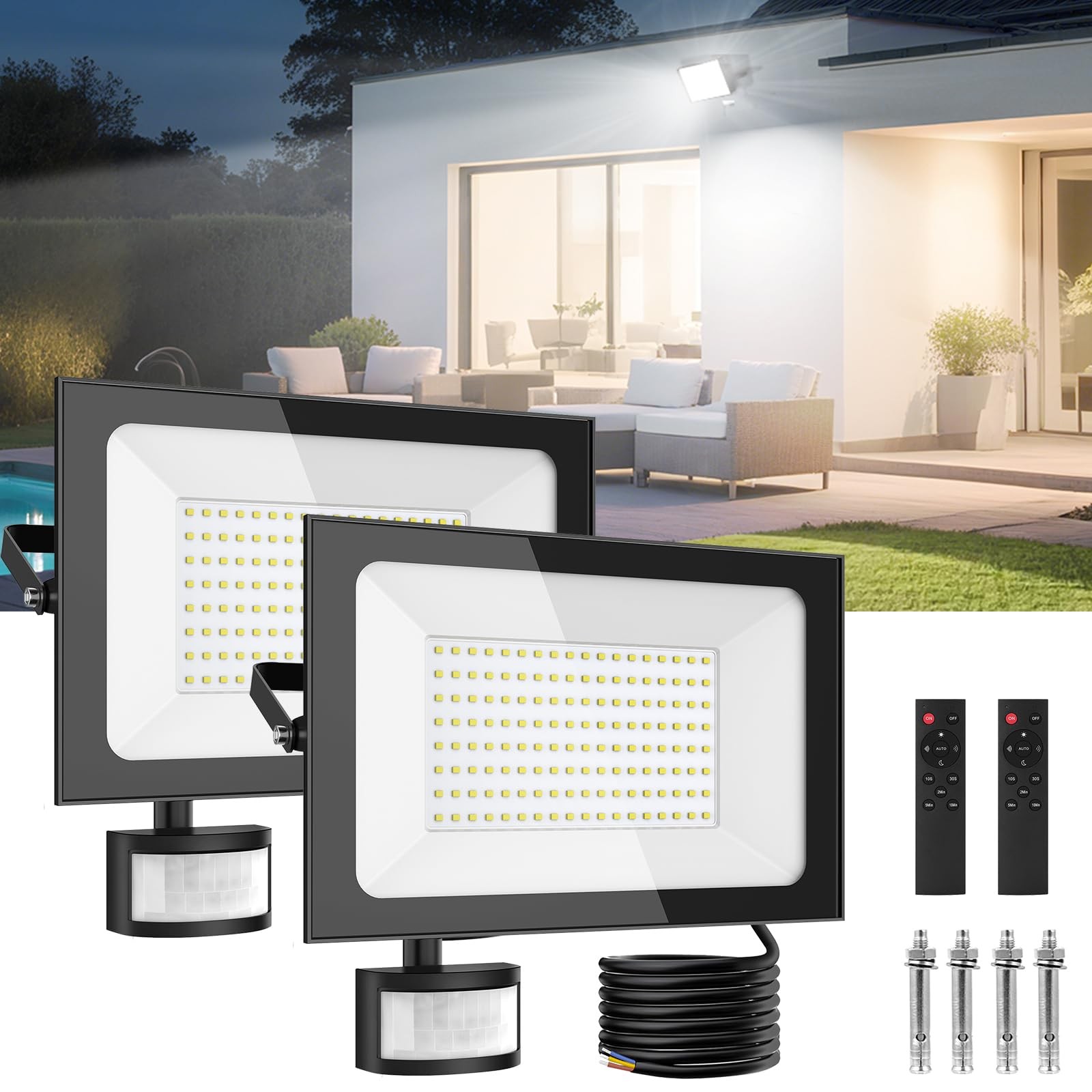 Kit 2 Proiettori LED 150W con Sensore PIR 15000LM IP66 Luce Fredda