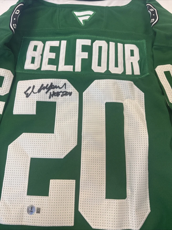 Camiseta deportiva firmada por Ed Belfour #20 "HOF 20" Green Dallas Stars Fanatics | Certificado de autenticidad Beckett Foto 2 de 4