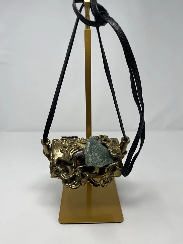 Signed Rare Brutalist Carvalhus Rio Copa Brass Artisan Purse Huge Natural Stones - Image 2 of 4