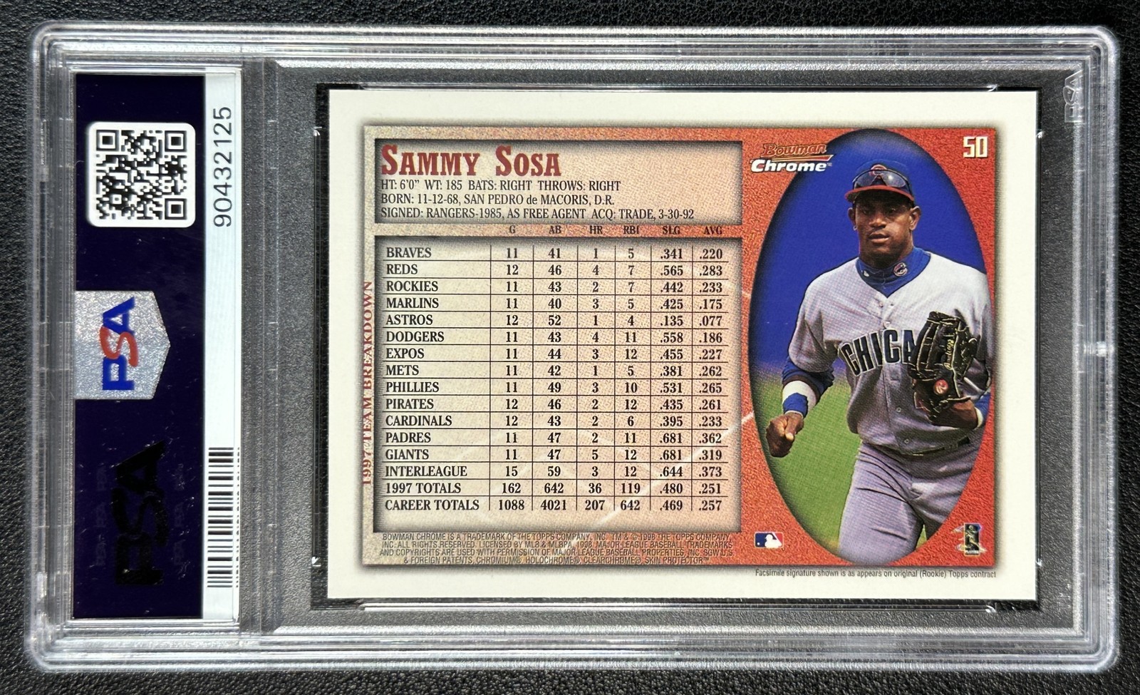 POP 15 SAMMY SOSA PSA 10 1998 BOWMAN CHROME #50 CUBS 2125 view 2