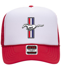 Ford Mustang Emblem Red And White Mesh Foam Trucker Snap Back Hat Cap