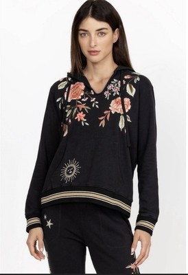 Johnny Was Vienna Pullover Sweatshirt Hoodie XS Black Embroidered
