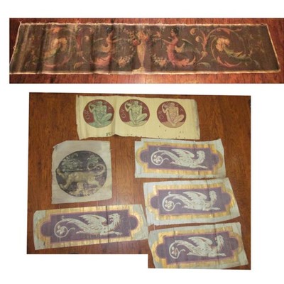 Renaissance Era Frieze Painted Canvas Winged Angels Griffons Greek Lion Heraldic