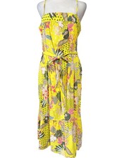 LOFT Dress Womens 8 Yellow Floral Sleeveless Square Neck Midi Sundress Tie Waist