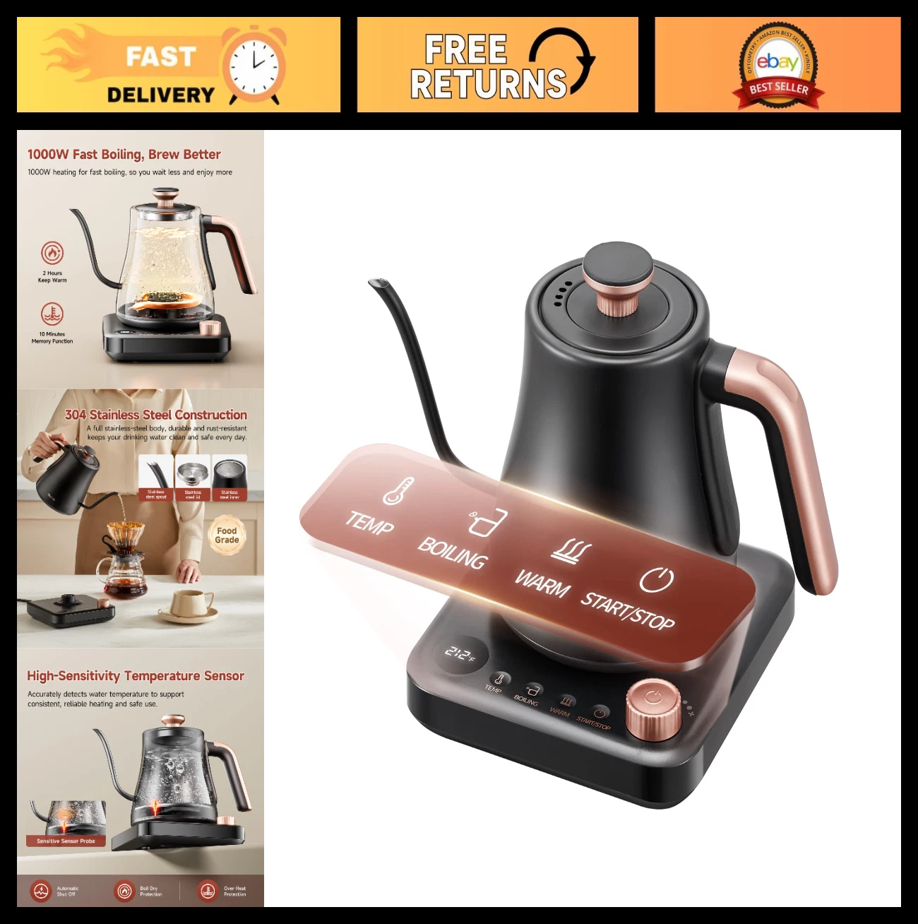 Gooseneck Electric Kettle 1000W with Temperature Control 0.8L Stainless Steel Te