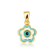 14K Yellow Gold Blue Enamel Flower Evil Eye Of Protection Pendant Necklace
