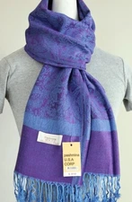 Women's Pashmina Scarf Wrap Shawl,Blue Purple Paisley,Silk.Cashmere,027