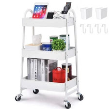 Utility Cart Heavy Duty 3 Tier Rolling Storage Cart All Metal with 4 Hooks