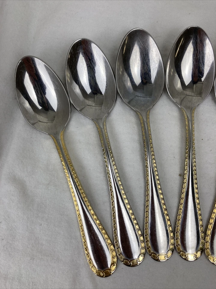 "9 hermosos cubiertos de acero inoxidable 18/8 cucharas de cadena Retroneu Gold Accent Corea" Foto 2 de 4