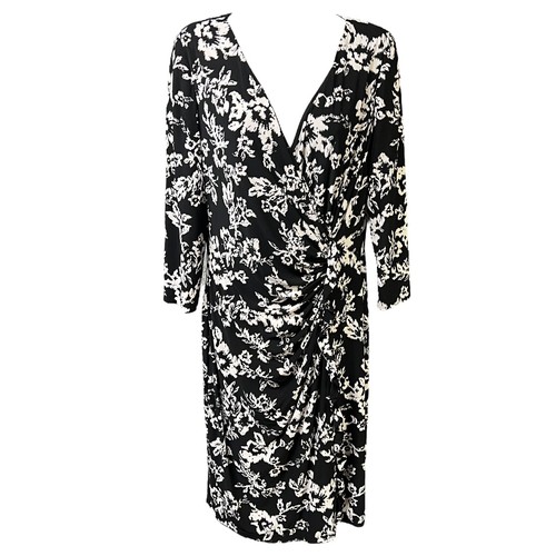 CHAPS Dress Black White Floral Print Ruching Stretch Lined Women Large V-Neck