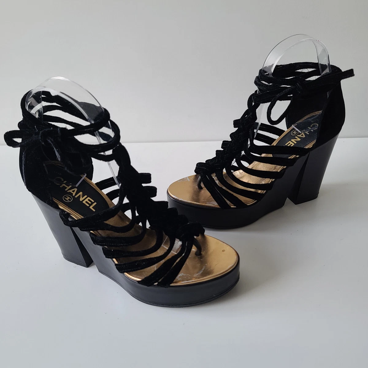 CHANEL CC Logo Black Velvet Wooden Platform Wedge Sandals 38.5