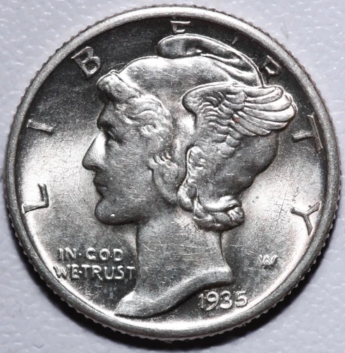 1935-P MERCURY DIME - BU UNC- With CARTWHEELING MINT LUSTER & FULL SPLIT BANDS!