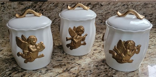 KMC Canister Set of 3 Jars w/ Lids Gold Angels Cherubs Gilded Cream Containers - Picture 13 of 20