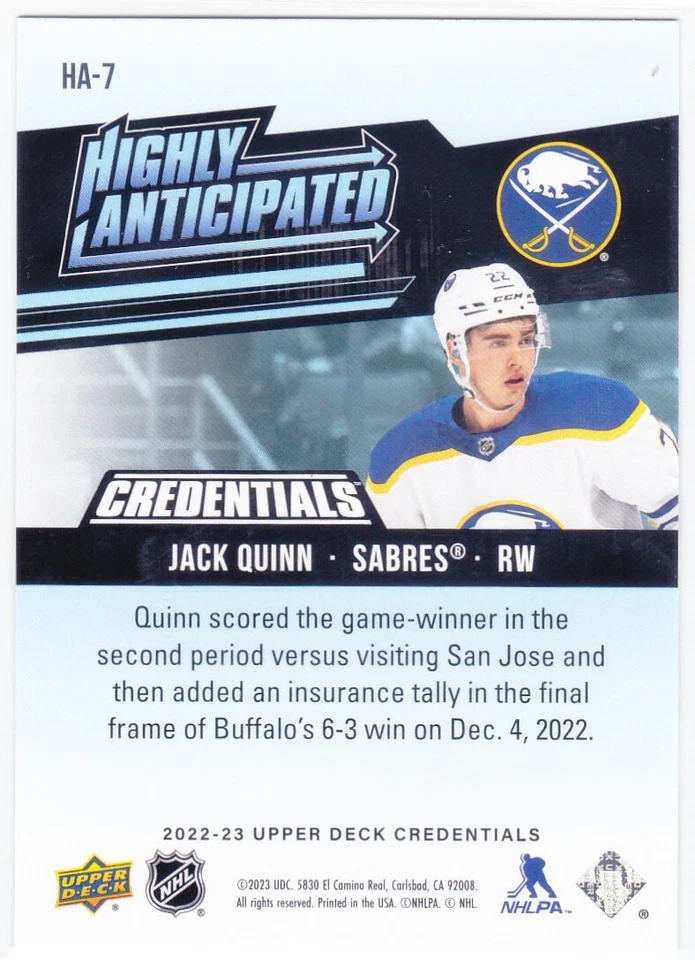 2022/23 CREDENTIALS..JACK QUINN..HIGHLY ANTICIPATED..ROOKIE..# HA-7..SABRES - Image 2 of 2