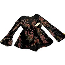 Band Of Gypsies Womens Small Romper Jumpsuit Long Sleeves Shorts Velvet Floral