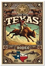 Black Market TEXAS Lone Star Rodeo Poster Art Print Lithograph Cowboy Bull USA