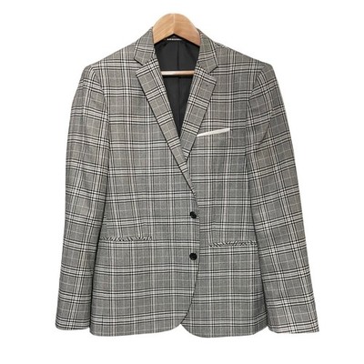 Primark Slim Fit Blazer Mens 44R Gray Plaid Sport Coat 2 Button Jacket Preppy