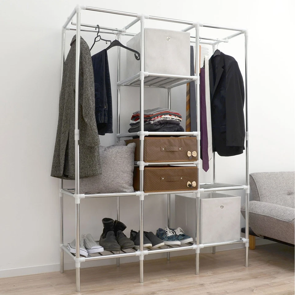 XL Kleiderschrank Metall Regal System 2 Schubladen 178x128x44,5cm Faltschrank - Bild 2 von 4