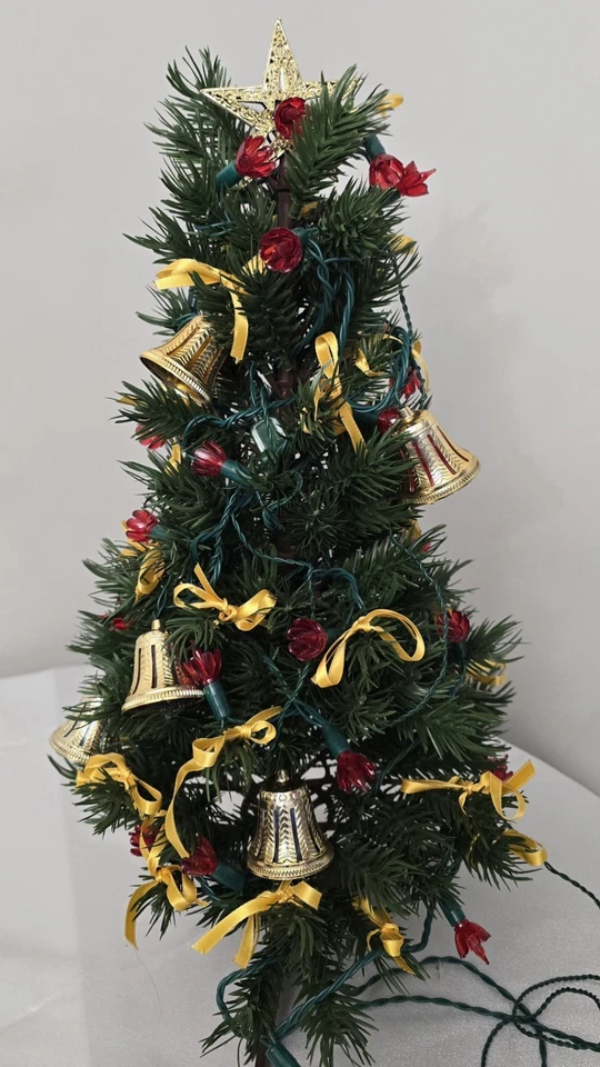 21" Artificial Christmas Tree with Red Tulip Lights Gold Ribbon Gold Bell Star - Image 4 of 4