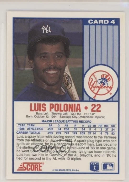 1989 Score NatWest Banks New York Yankees Luis Polonia #4 - Image 2 of 2