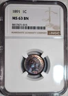 NGC MS-63 BN 1891 Indian Head Cent, Gorgeously Toned w/ Accents of Original Red!