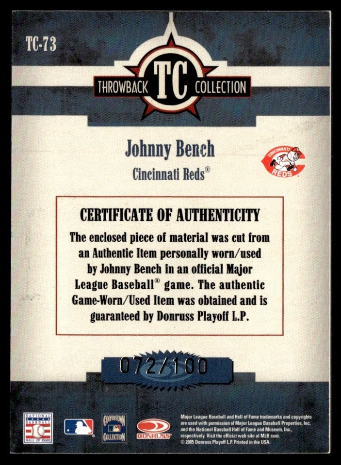 2005 Donruss Throwback Threads Collection Material Johnny Bench 072/100 #TC-73 - Image 2 of 2