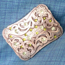 Western Floral Scroll Belt Buckle Rhinestones Cowboy Cowgirl Vtg 80s .TAZ443