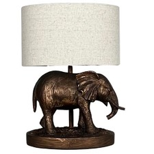 Antique Copper  Resin Elephant Table Lamp with Natural Oval Drum Shade 33cm