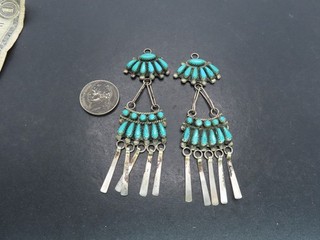 Vintage Sterling Silver & Turquoise Cluster Earrings Unsigned 20g