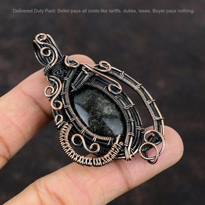 Oval Natural Silver Sheen Obsidian Copper Wire Wrapped Artisan Pendant Jewelry