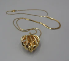 Openwork Heart Pendant Necklace Dimensional Puffy Wavy Gold Tn 23.5" Flat Chain