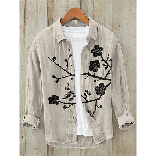 Camisa Top Para Hombres Estampada Mangas Largas Blusa China Abotonada Algodón Lino Prendas para el torso - Imagen 7 de 31