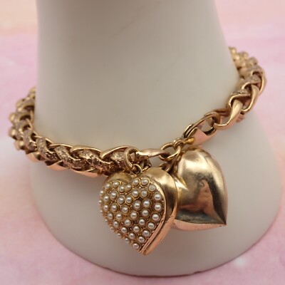 Vtg Alcozer & J Simulated Pearl 2 Puffy Heart 8'' Braided Rope Chain Bracelet