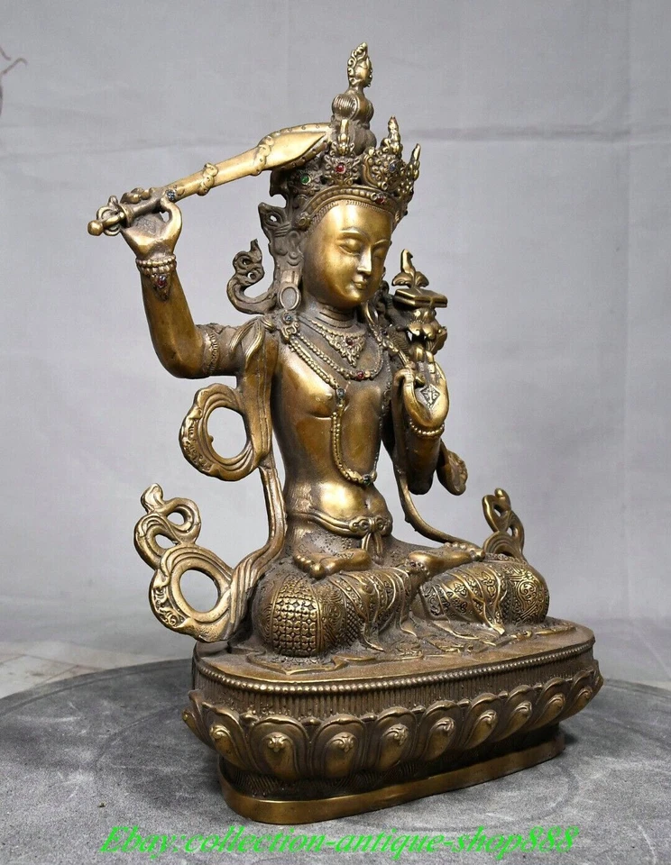 12" Antiguo Tíbet Cobre Dorado Gemas Wenshu Manjushri Boddhisattva Buda Espada Estatua Foto 4 de 4