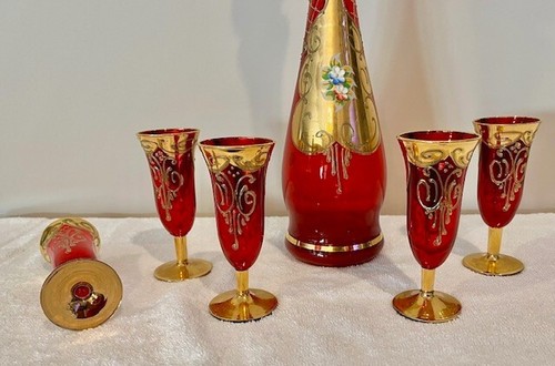 Murano Glass Decanter & 5 Glass Set - 24K Gold - Enamel Flowers - Cranberry Red - Picture 24 of 24