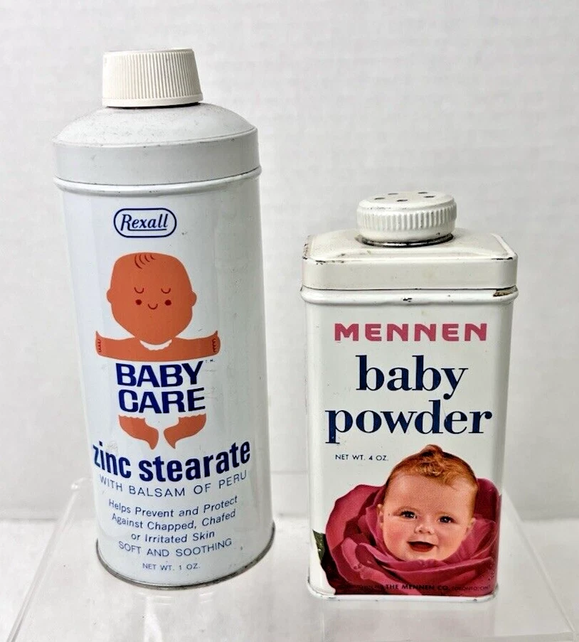 2 Vintage Baby Talc Tins Mennen Rexall Baby Face in Rose Bud Tin