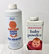 2 Vintage Baby Talc Tins Mennen Rexall Baby Face in Rose Bud Tin