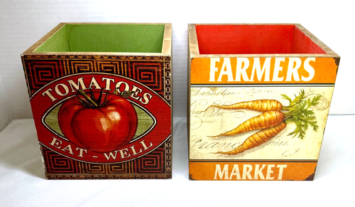 Pair of Hand Crafted Wooden Storage Boxes- Farmers Market Carrots & Tomatoes - Picture 2 of 12