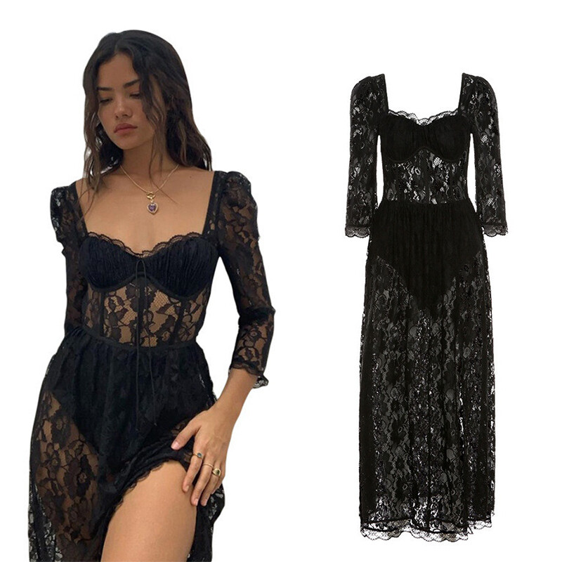 Lace Long Dress Beach Sexy Black Dress Spring Party Clubwear Quarter Sleeve  | eBay