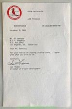 LEE THOMAS AUTOGRAPH BASEBALL CARD LETTER ST. LOUIS CARDINALS BUSCH STADIUM 1985