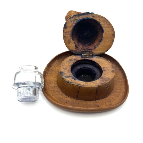 Antique Cherry Wood Hat Shaped Desktop Inkwell Hinged Lid Glass Insert - Picture 11 of 14