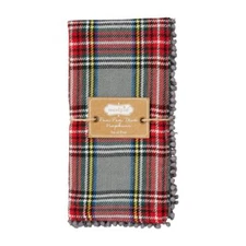 Mud Pie Home Gray Tartan Plaid Christmas Cloth Napkin Set of 4 with Pom Pom Trim