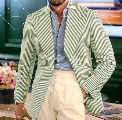 Seersucker Summer Men Suits Peak Lapel Custom Color Jacket Tuxedo Workwear