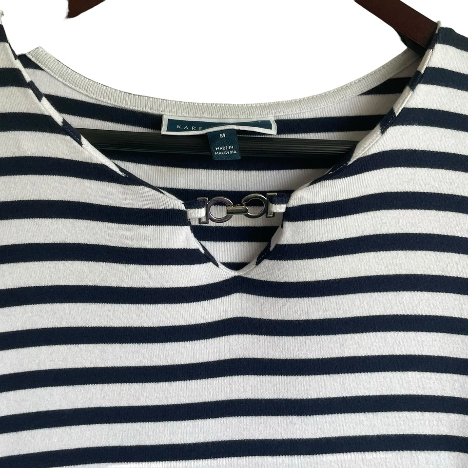 Karen Scott Women T-shirt Dress Navy Striped M Blue White Casual Preppy Coastal - Image 4 of 4
