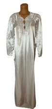 Vtg Ilise Stevens White Long Nightgown Sz S Lace Collar Embroidered Silky Satin