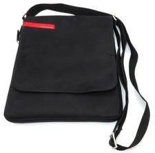 Sleek PRADA Minimalist Black Nylon Messenger Bag, Red Hallmark, Adjustable, 12"