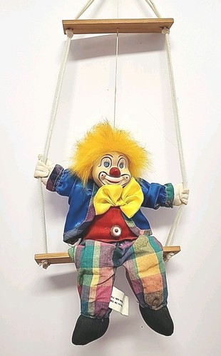 Circus Clown String Marionette Puppet on Swing Porcelain Head 22" Vintage - Picture 2 of 2