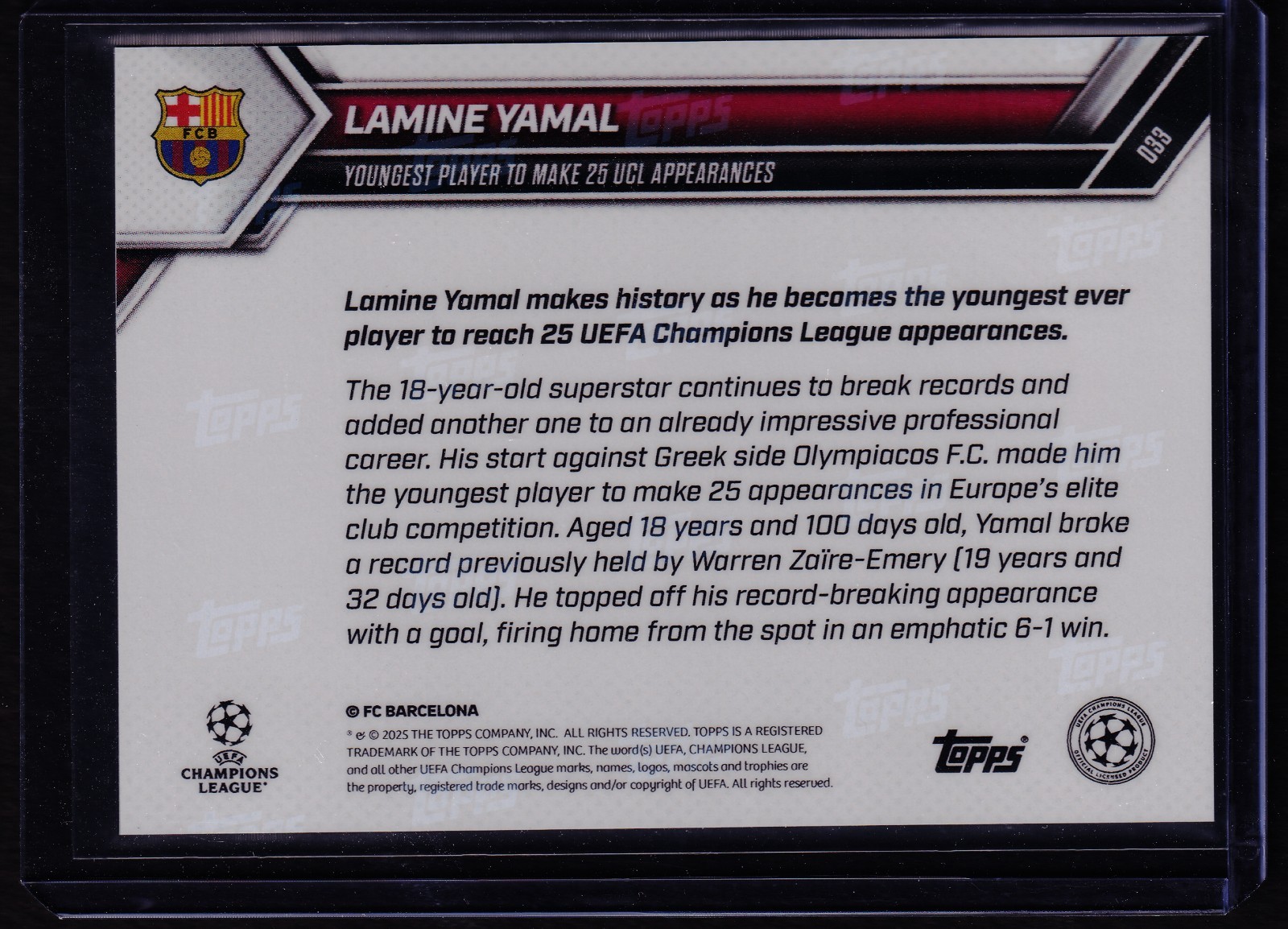 2025 Topps NOW #033 Lamine Yamal FC Barcelona UCL Record Breaker Soccer view 2